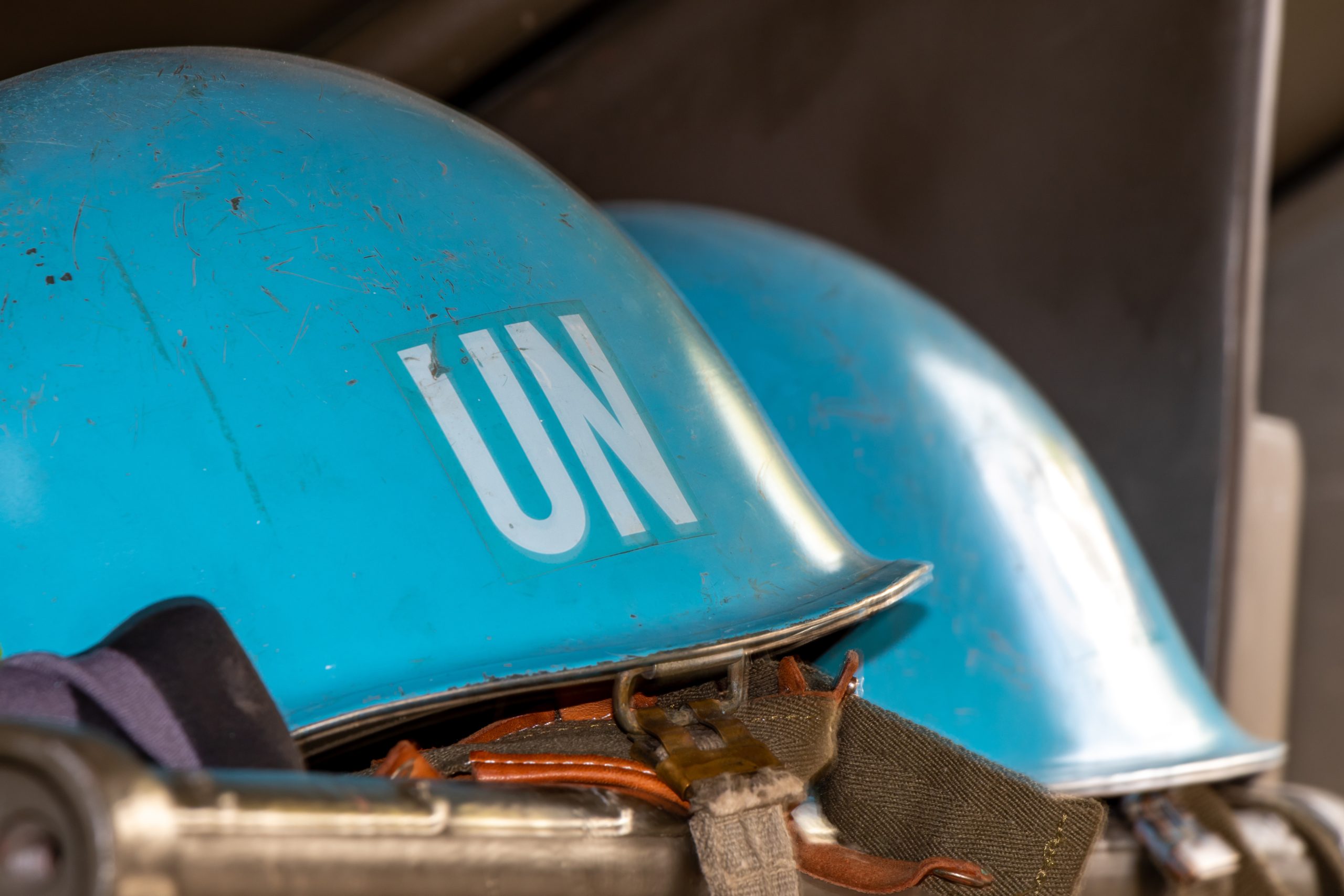 Blue UN helmets waiting for their deployment.